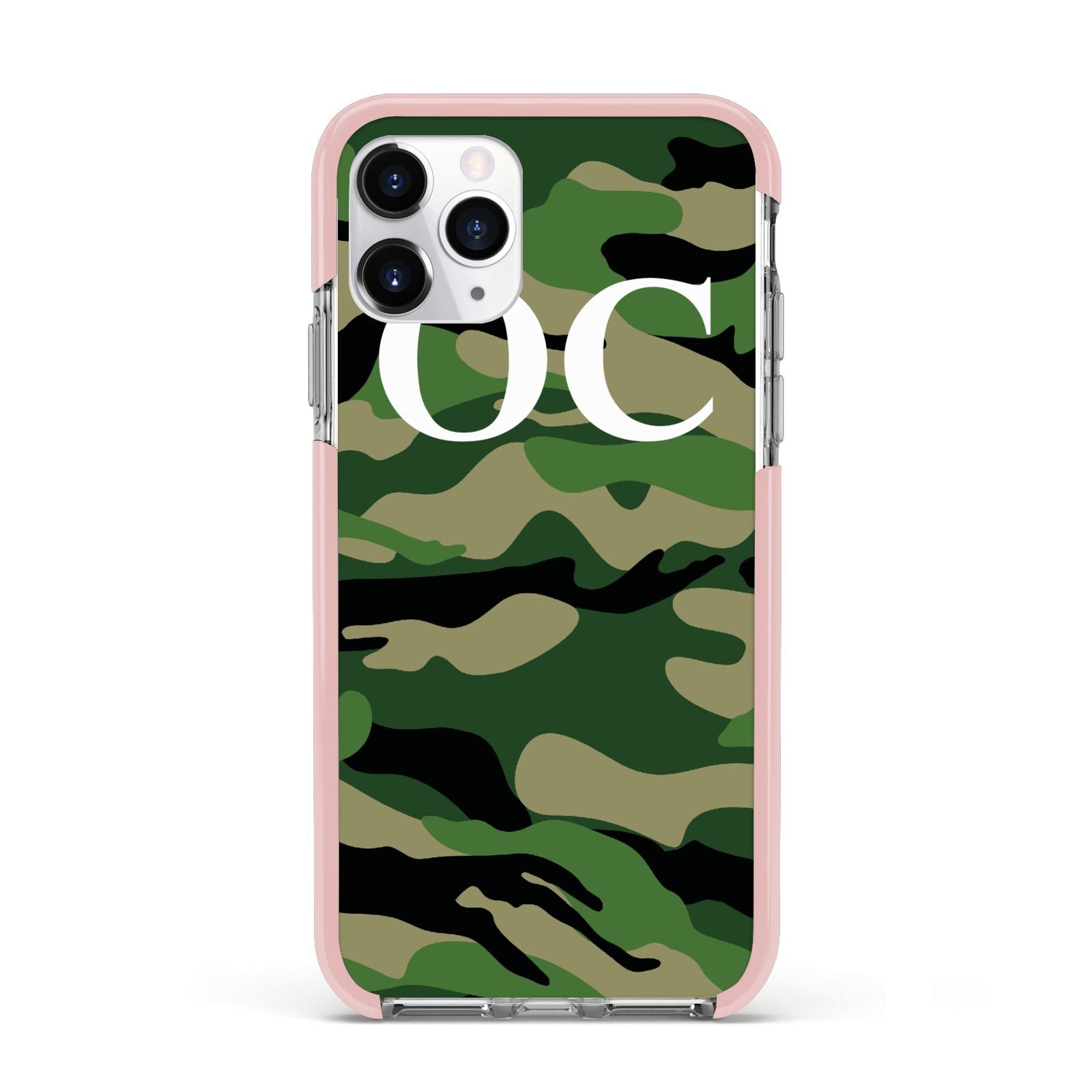 Personalised Camouflage Apple iPhone 11 Pro in Silver with Pink Impact Case