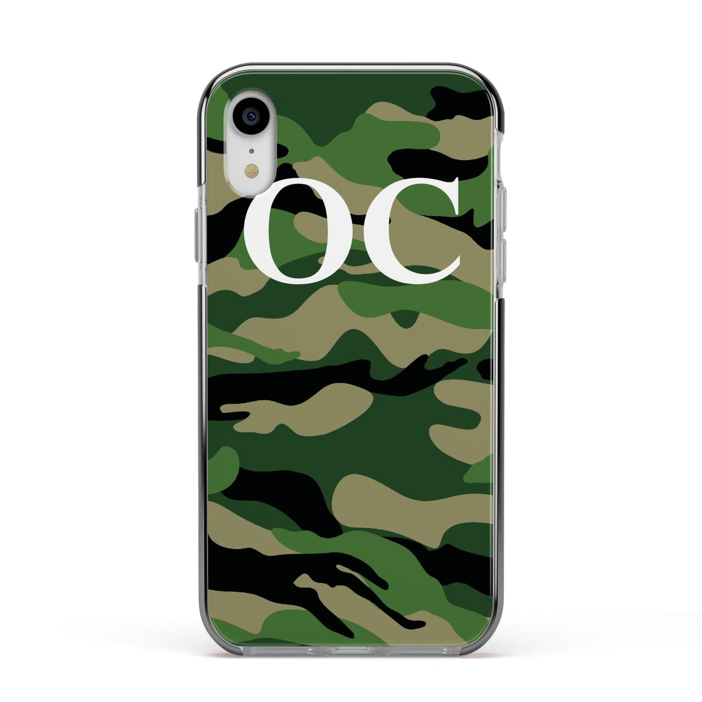 Personalised Camouflage Apple iPhone XR Impact Case Black Edge on Silver Phone