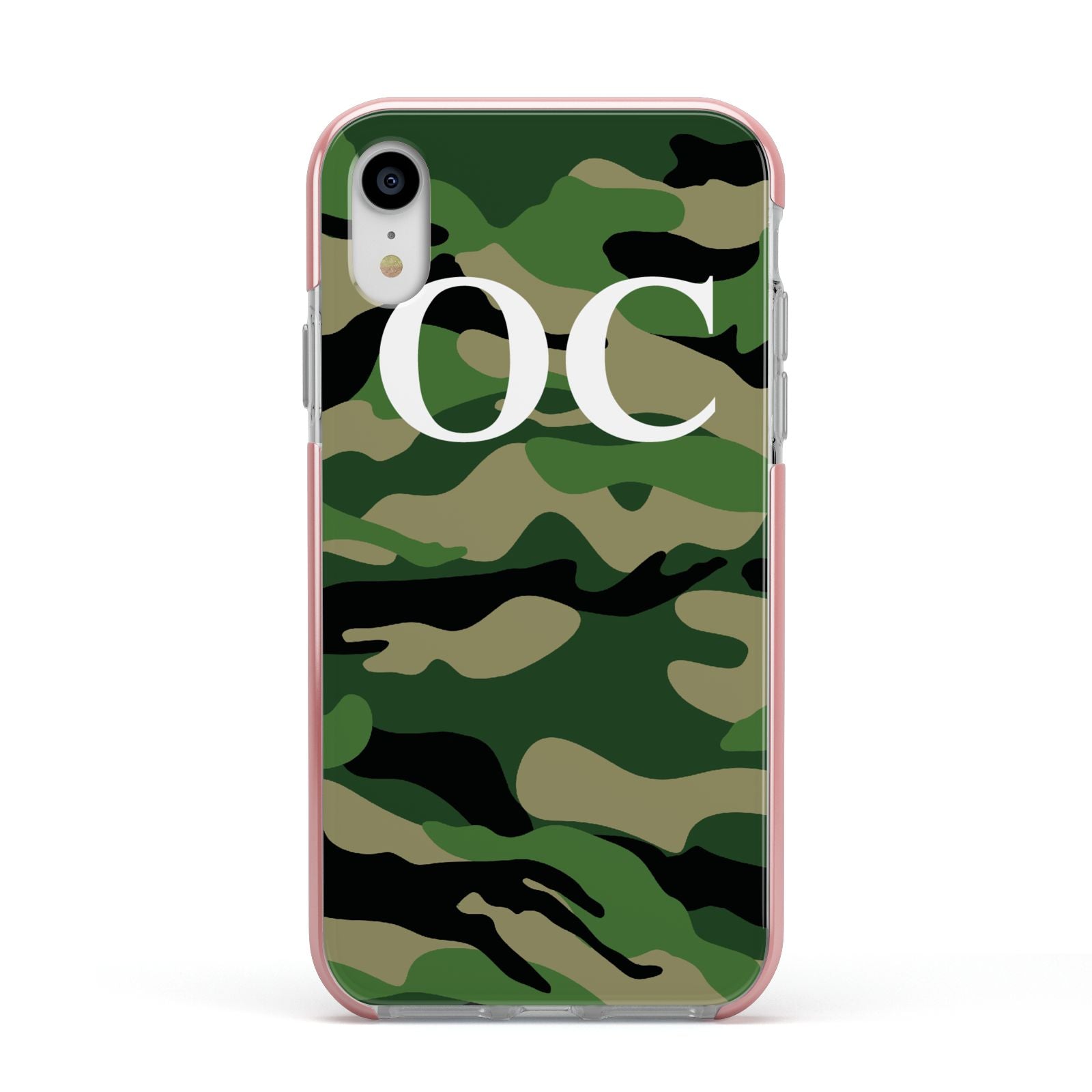 Personalised Camouflage Apple iPhone XR Impact Case Pink Edge on Silver Phone