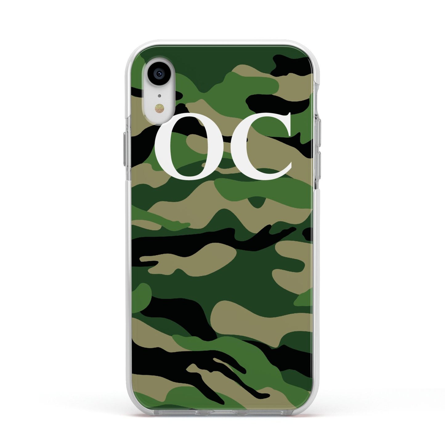 Personalised Camouflage Apple iPhone XR Impact Case White Edge on Silver Phone