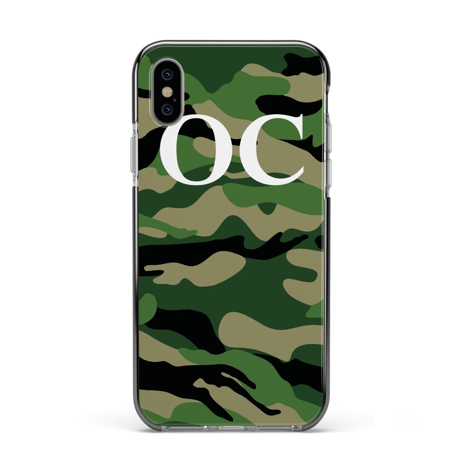 Personalised Camouflage Apple iPhone Xs Impact Case Black Edge on Silver Phone
