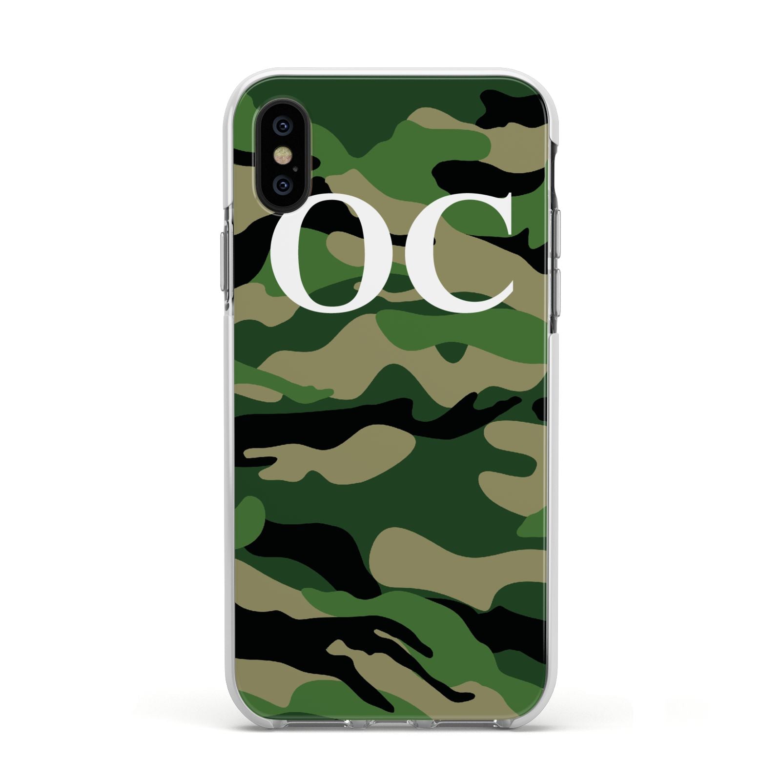 Personalised Camouflage Apple iPhone Xs Impact Case White Edge on Black Phone