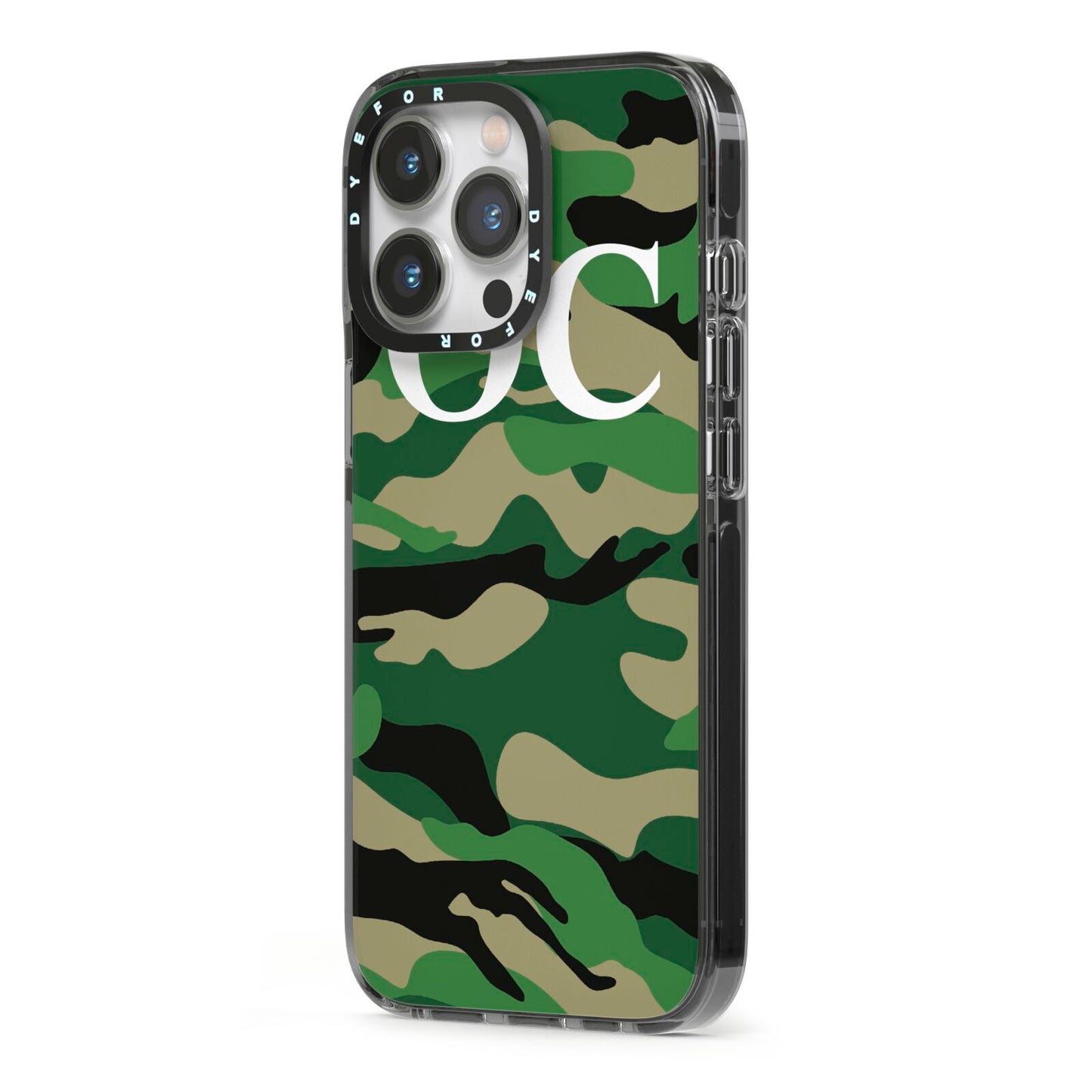 Personalised Camouflage iPhone 13 Pro Black Impact Case Side Angle on Silver phone