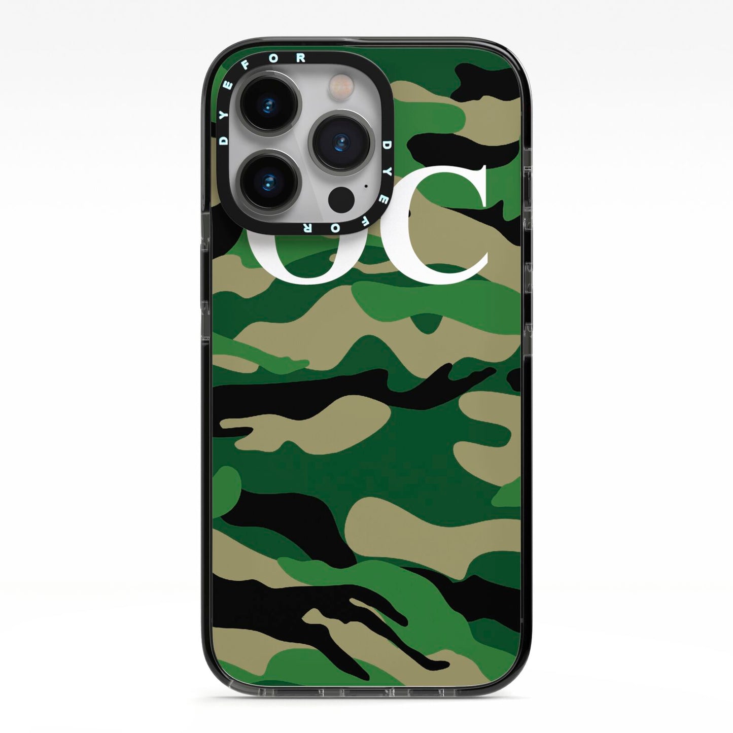Personalised Camouflage iPhone 13 Pro Black Impact Case on Silver phone
