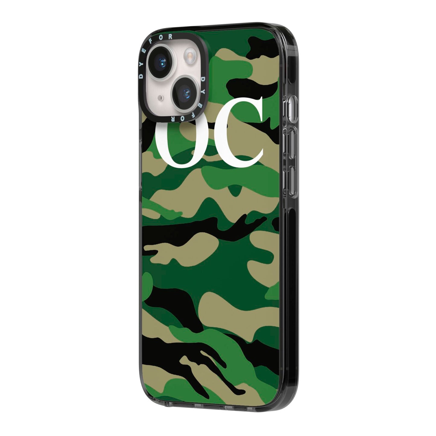 Personalised Camouflage iPhone 14 Black Impact Case Side Angle on Silver phone