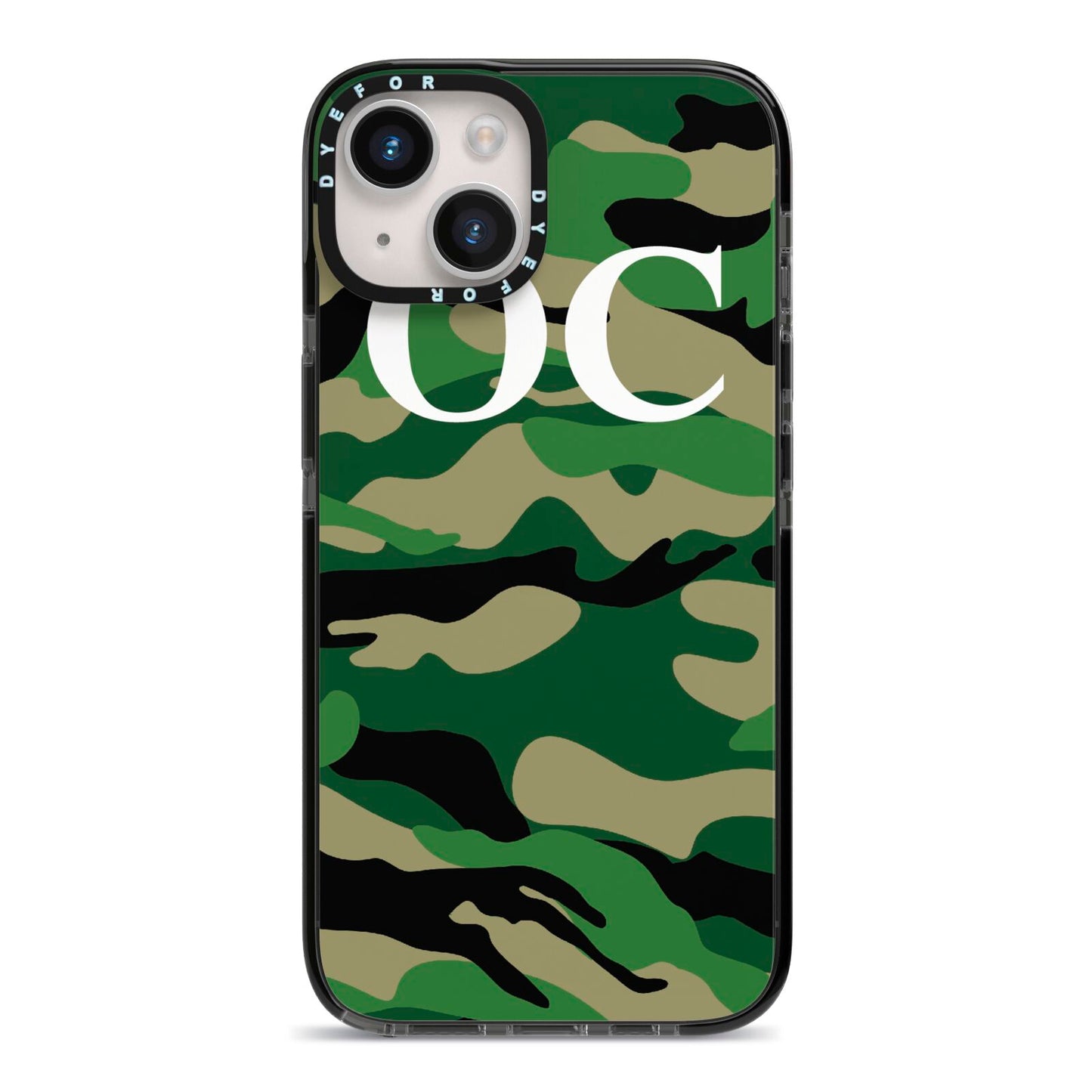 Personalised Camouflage iPhone 14 Black Impact Case on Silver phone