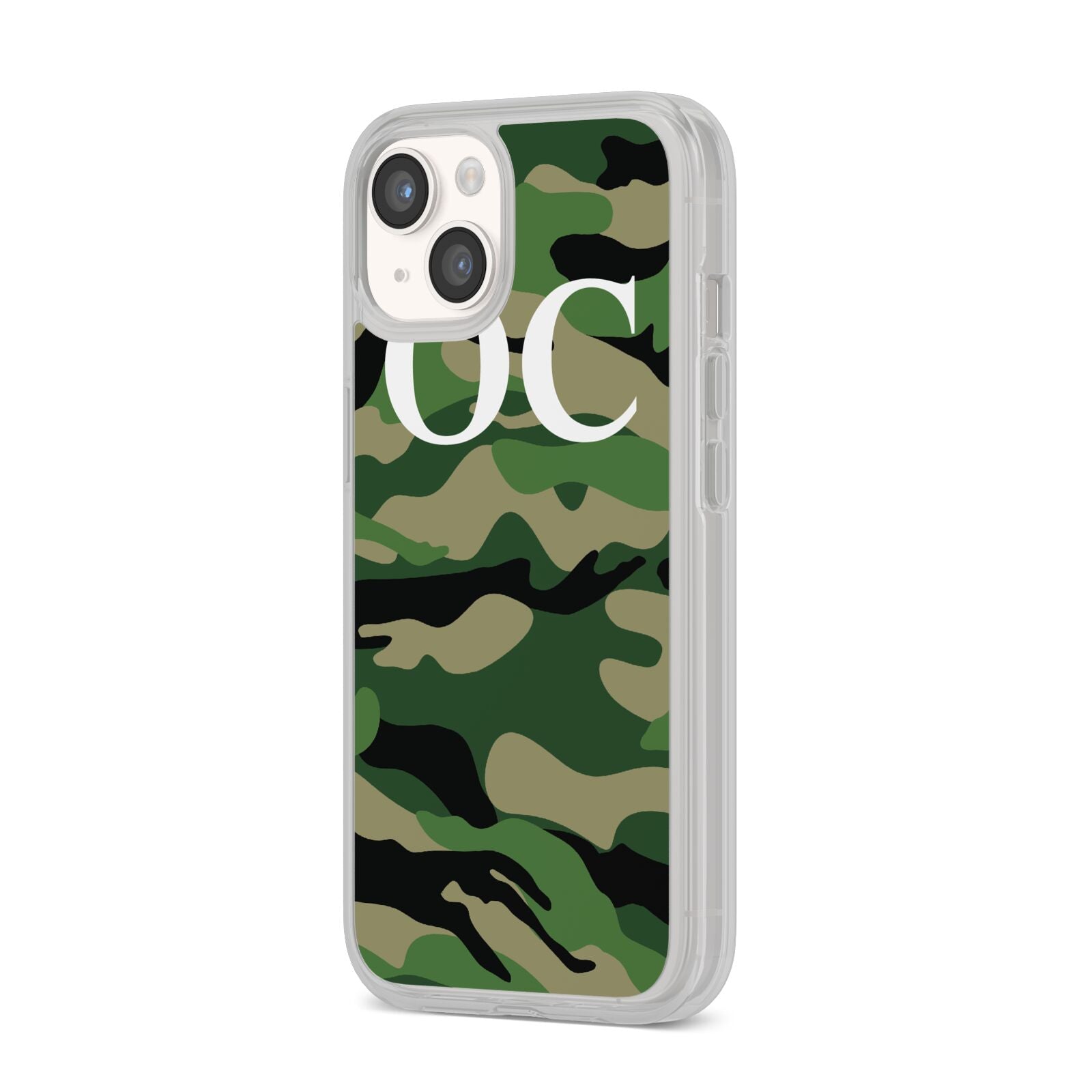 Personalised Camouflage iPhone 14 Clear Tough Case Starlight Angled Image