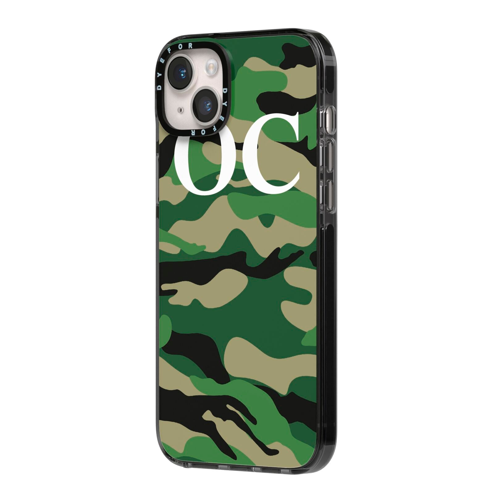 Personalised Camouflage iPhone 14 Plus Black Impact Case Side Angle on Silver phone