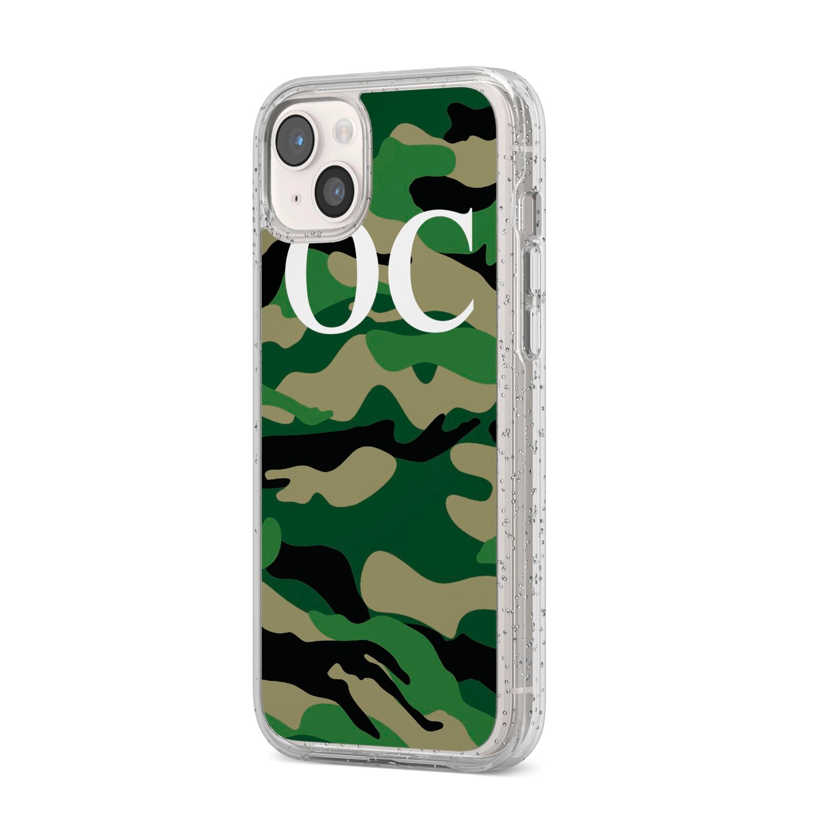 Personalised Camouflage iPhone 14 Plus Glitter Tough Case Starlight Angled Image