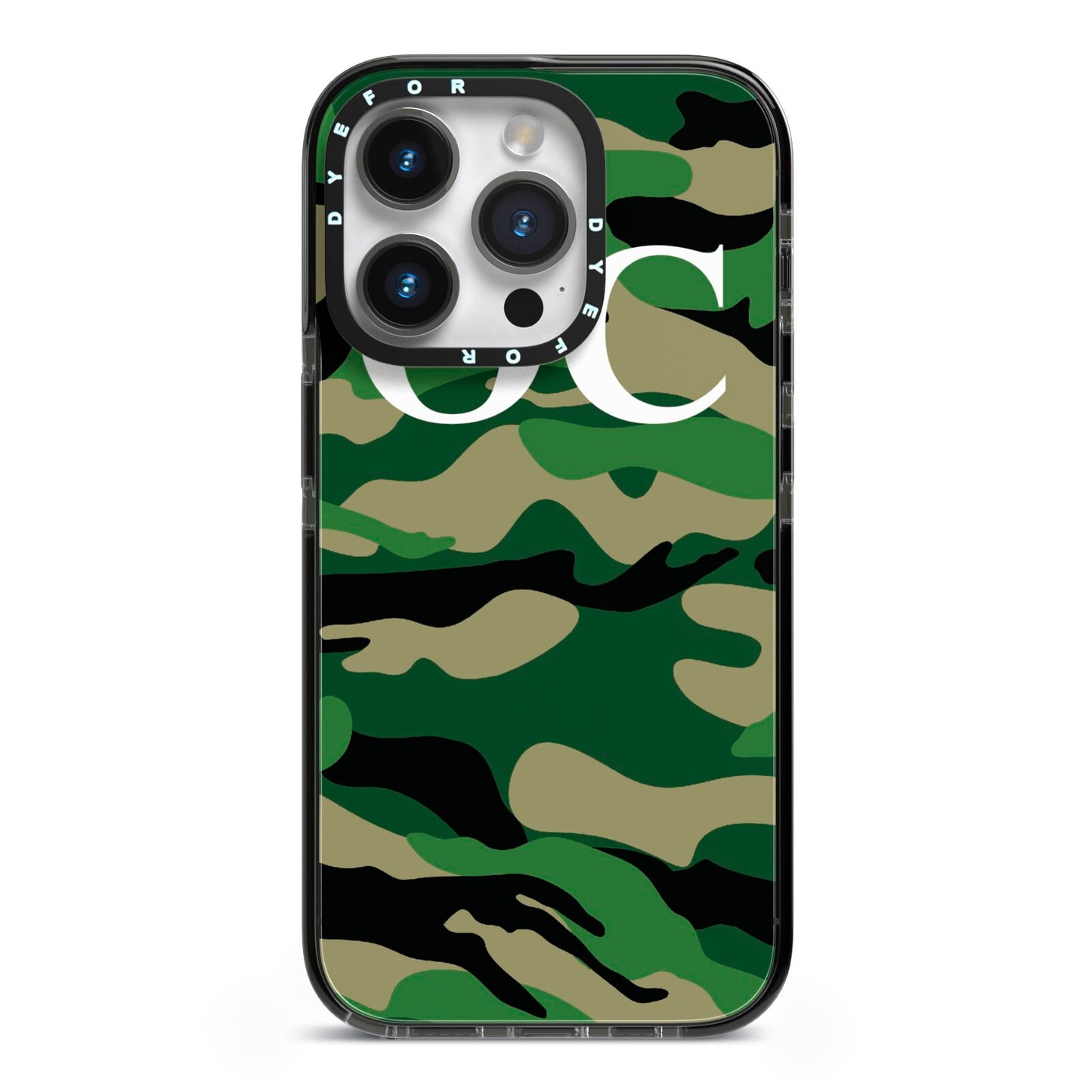 Personalised Camouflage iPhone 14 Pro Black Impact Case on Silver phone