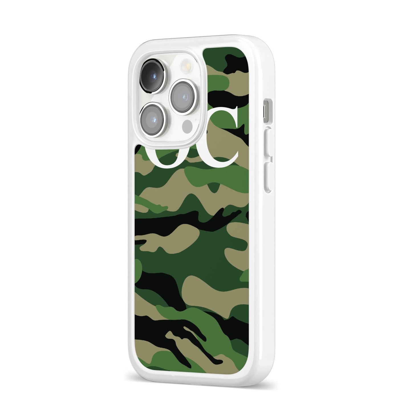 Personalised Camouflage iPhone 14 Pro Clear Tough Case Silver Angled Image