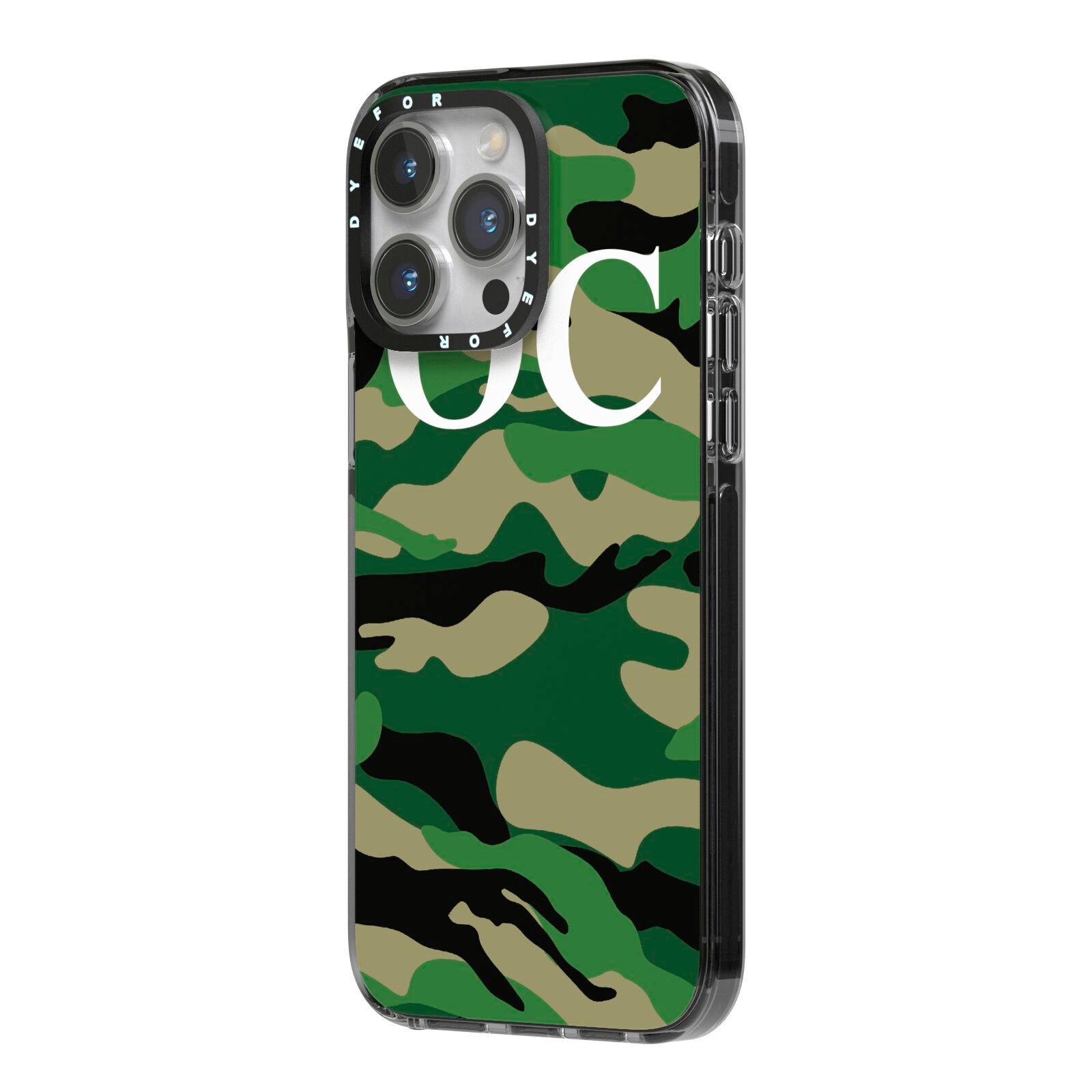 Personalised Camouflage iPhone 14 Pro Max Black Impact Case Side Angle on Silver phone