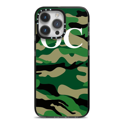 Personalised Camouflage iPhone 14 Pro Max Black Impact Case on Silver phone