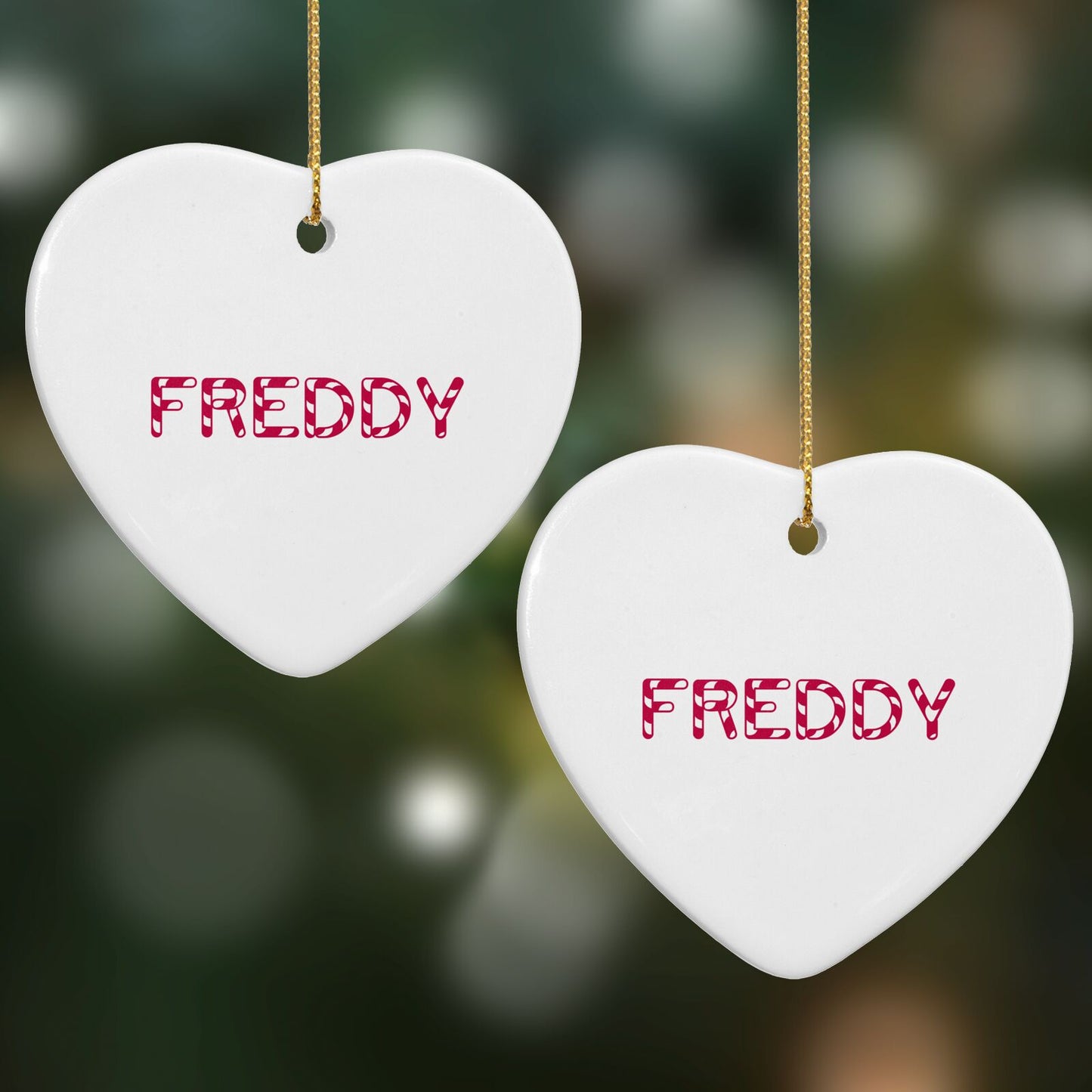 Personalised Candy Cane Name Heart Decoration on Christmas Background