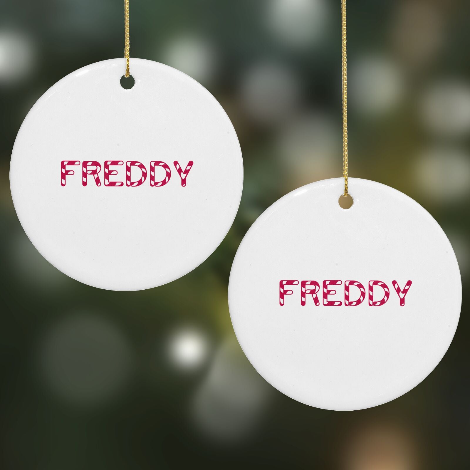 Personalised Candy Cane Name Round Decoration on Christmas Background