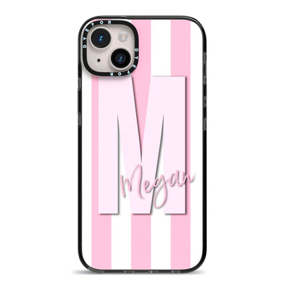 Personalised Candy Stripe Initials iPhone 14 Plus Black Impact Case on Silver phone