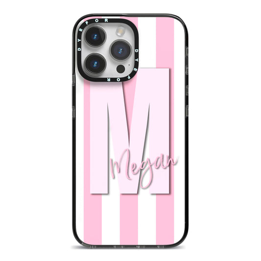 Personalised Candy Stripe Initials iPhone 14 Pro Max Black Impact Case on Silver phone