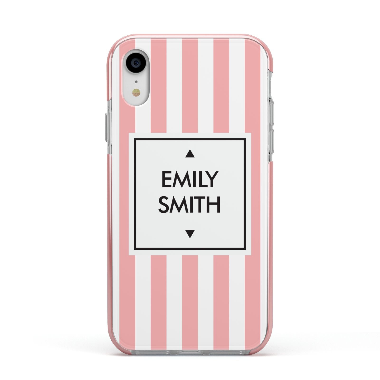 Personalised Candy Striped Name Initials Apple iPhone XR Impact Case Pink Edge on Silver Phone