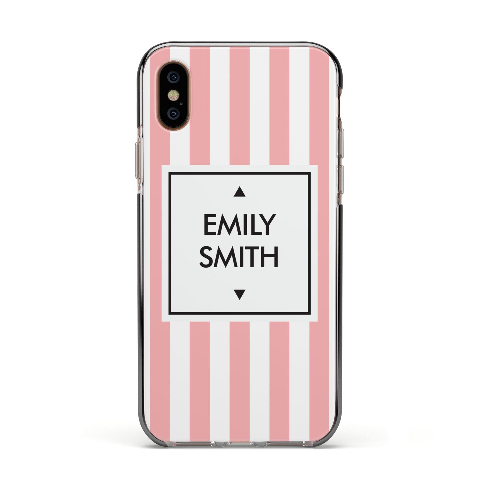 Personalised Candy Striped Name Initials Apple iPhone Xs Impact Case Black Edge on Gold Phone