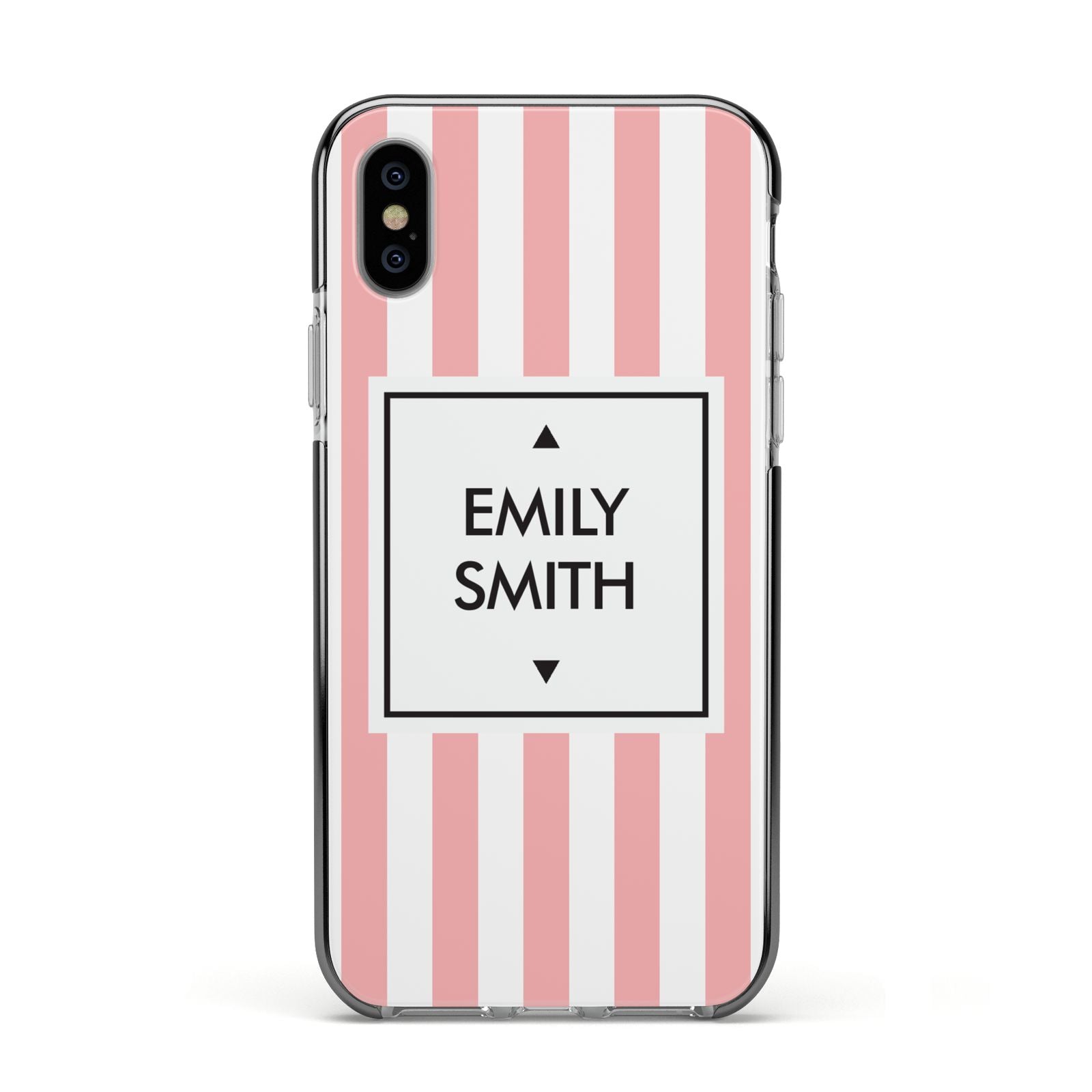 Personalised Candy Striped Name Initials Apple iPhone Xs Impact Case Black Edge on Silver Phone