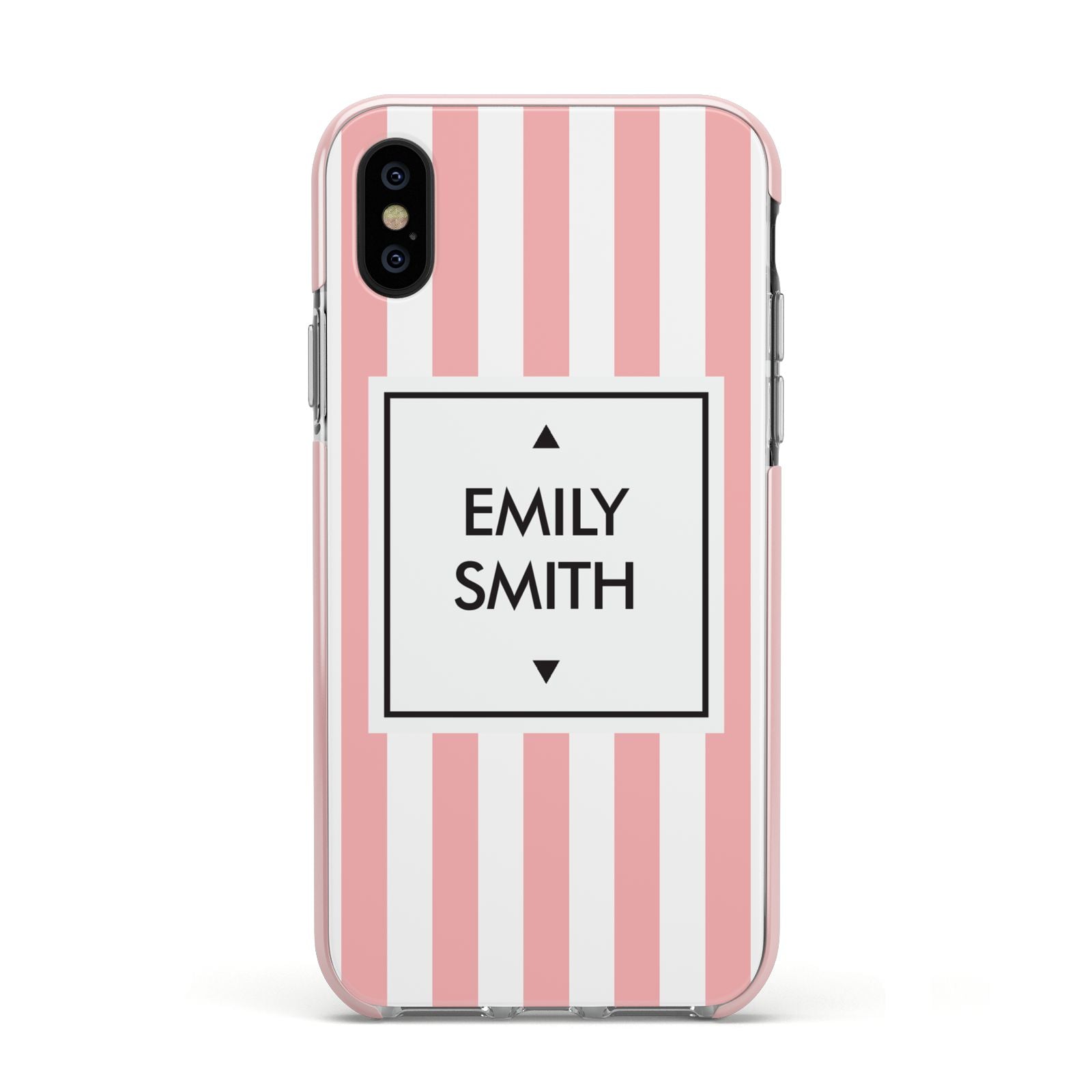 Personalised Candy Striped Name Initials Apple iPhone Xs Impact Case Pink Edge on Black Phone