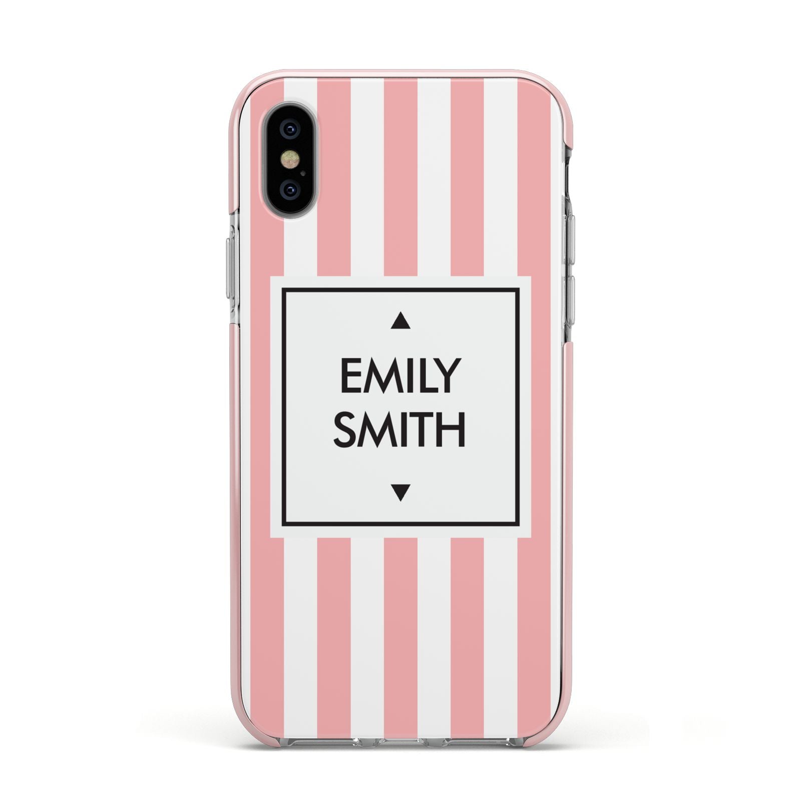 Personalised Candy Striped Name Initials Apple iPhone Xs Impact Case Pink Edge on Silver Phone