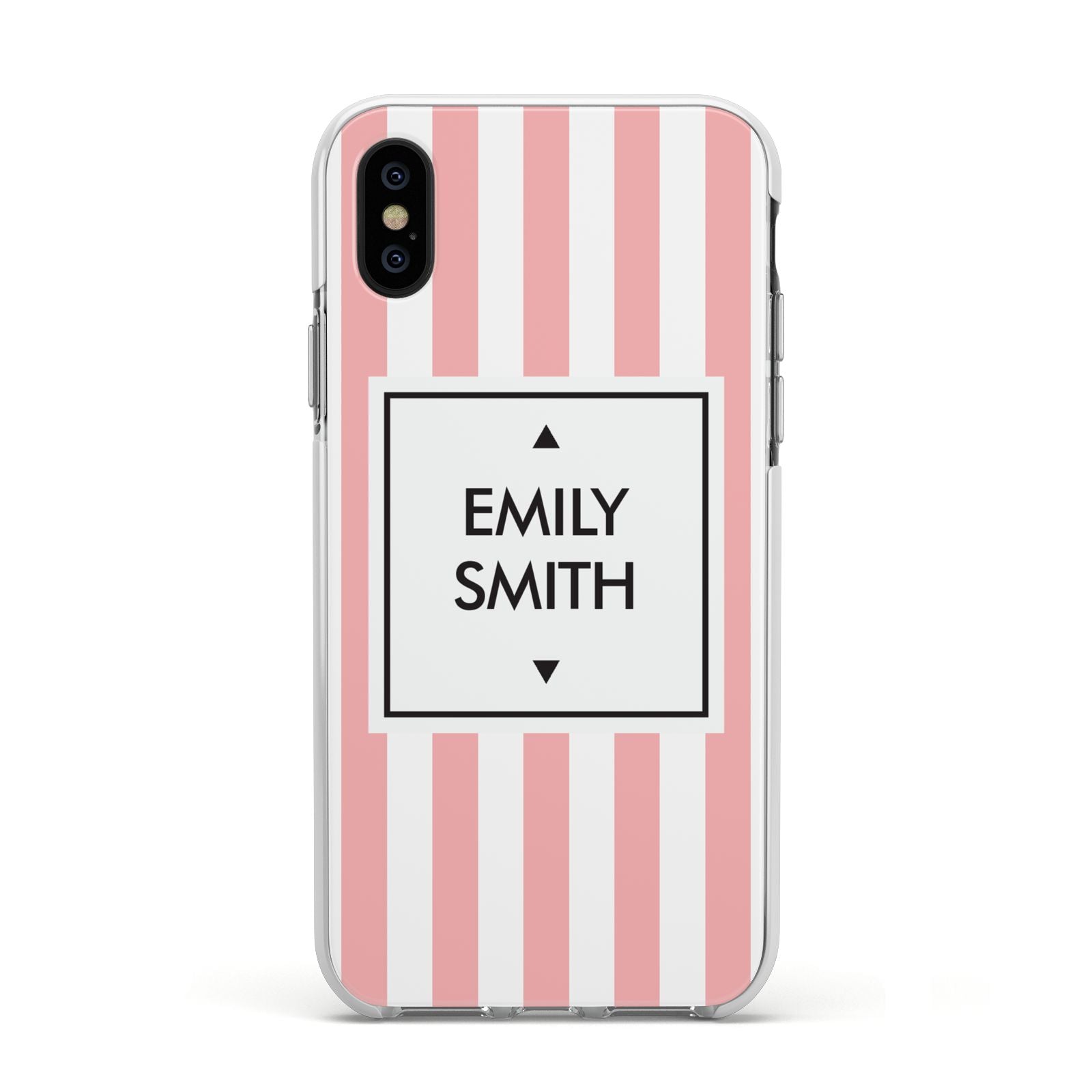 Personalised Candy Striped Name Initials Apple iPhone Xs Impact Case White Edge on Black Phone