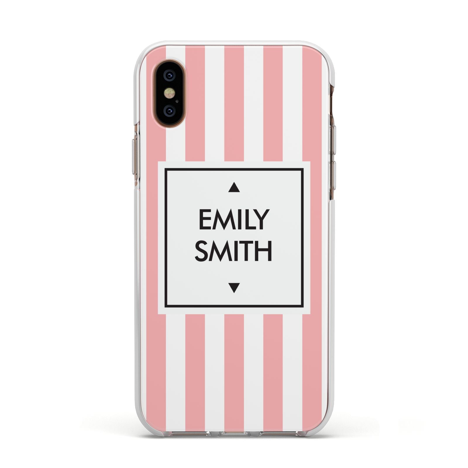 Personalised Candy Striped Name Initials Apple iPhone Xs Impact Case White Edge on Gold Phone