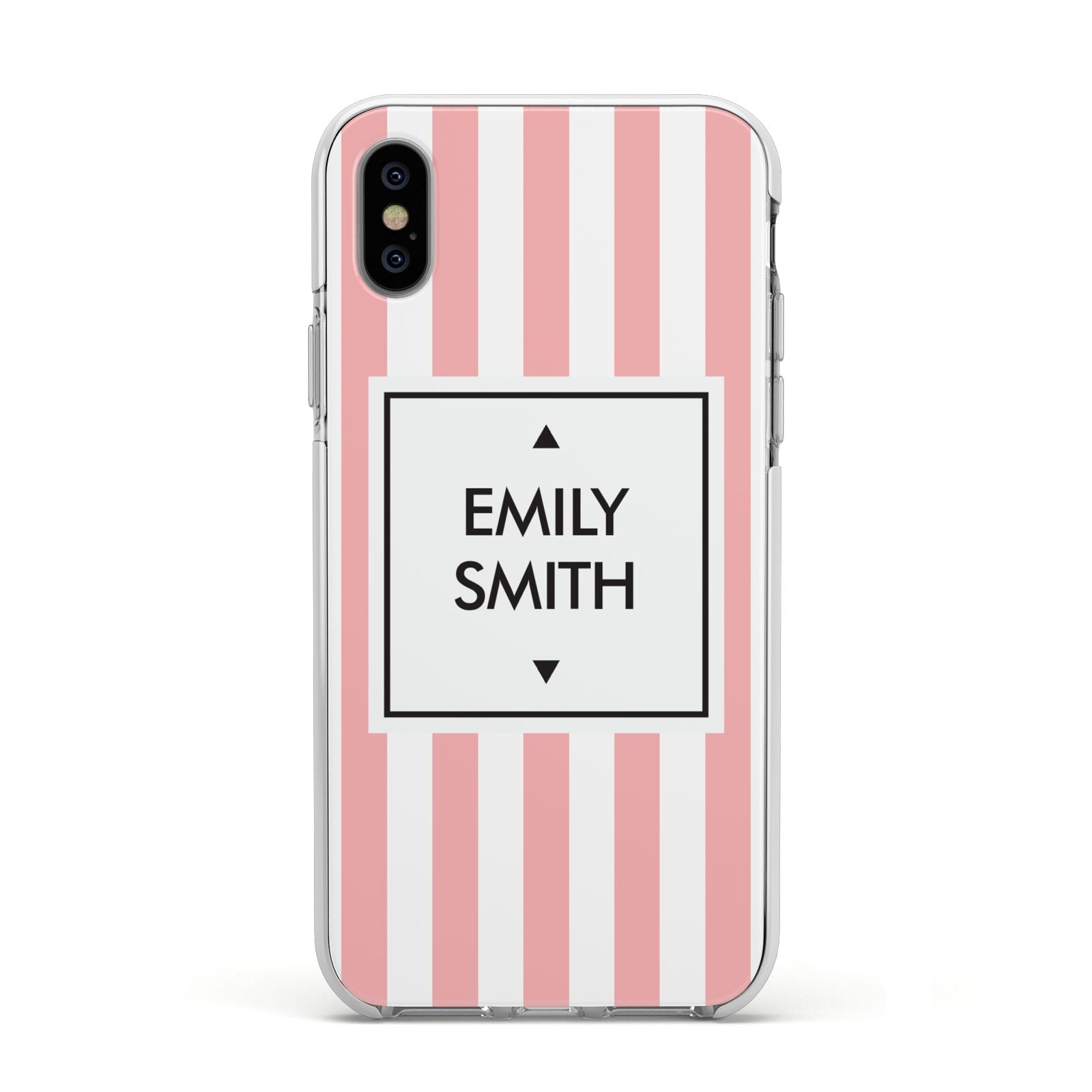 Personalised Candy Striped Name Initials Apple iPhone Xs Impact Case White Edge on Silver Phone