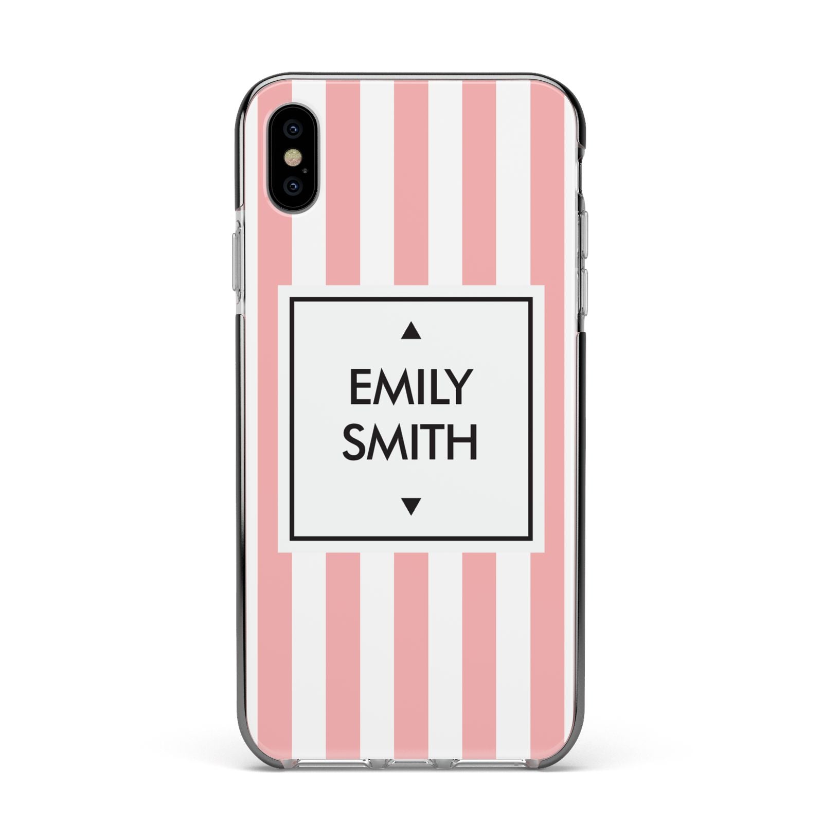Personalised Candy Striped Name Initials Apple iPhone Xs Max Impact Case Black Edge on Silver Phone