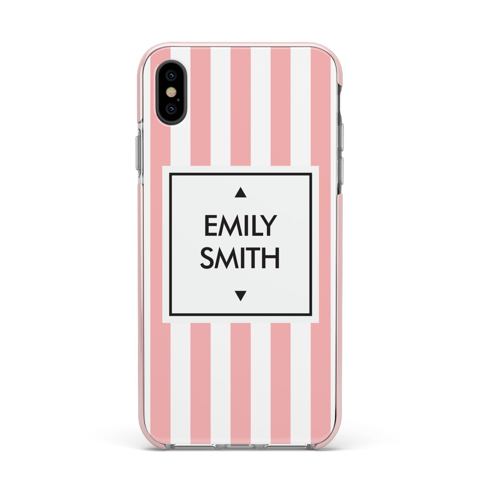 Personalised Candy Striped Name Initials Apple iPhone Xs Max Impact Case Pink Edge on Black Phone