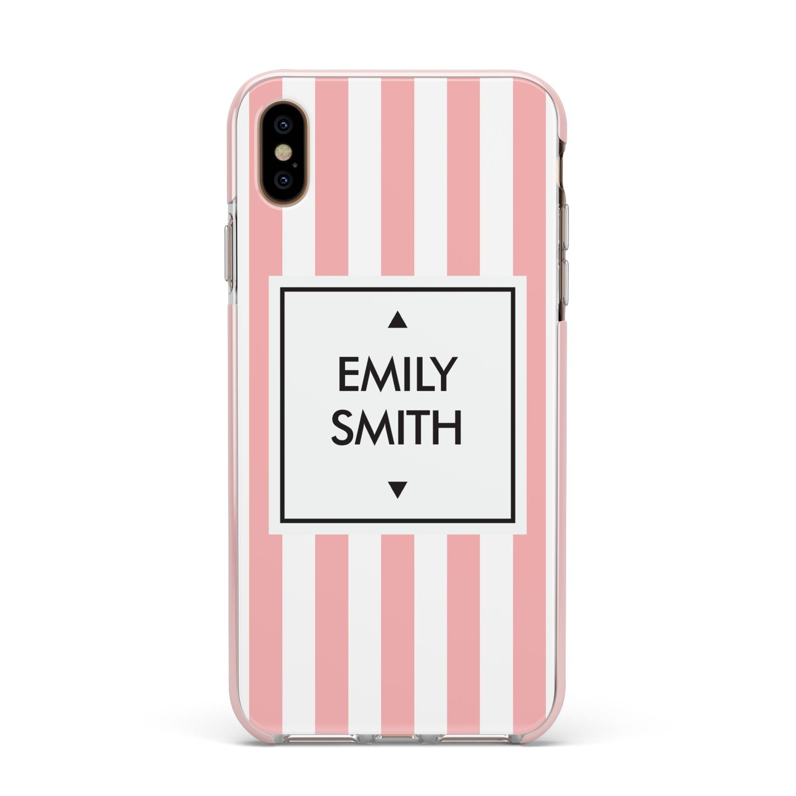 Personalised Candy Striped Name Initials Apple iPhone Xs Max Impact Case Pink Edge on Gold Phone