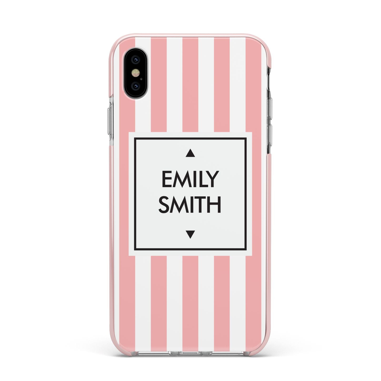 Personalised Candy Striped Name Initials Apple iPhone Xs Max Impact Case Pink Edge on Silver Phone