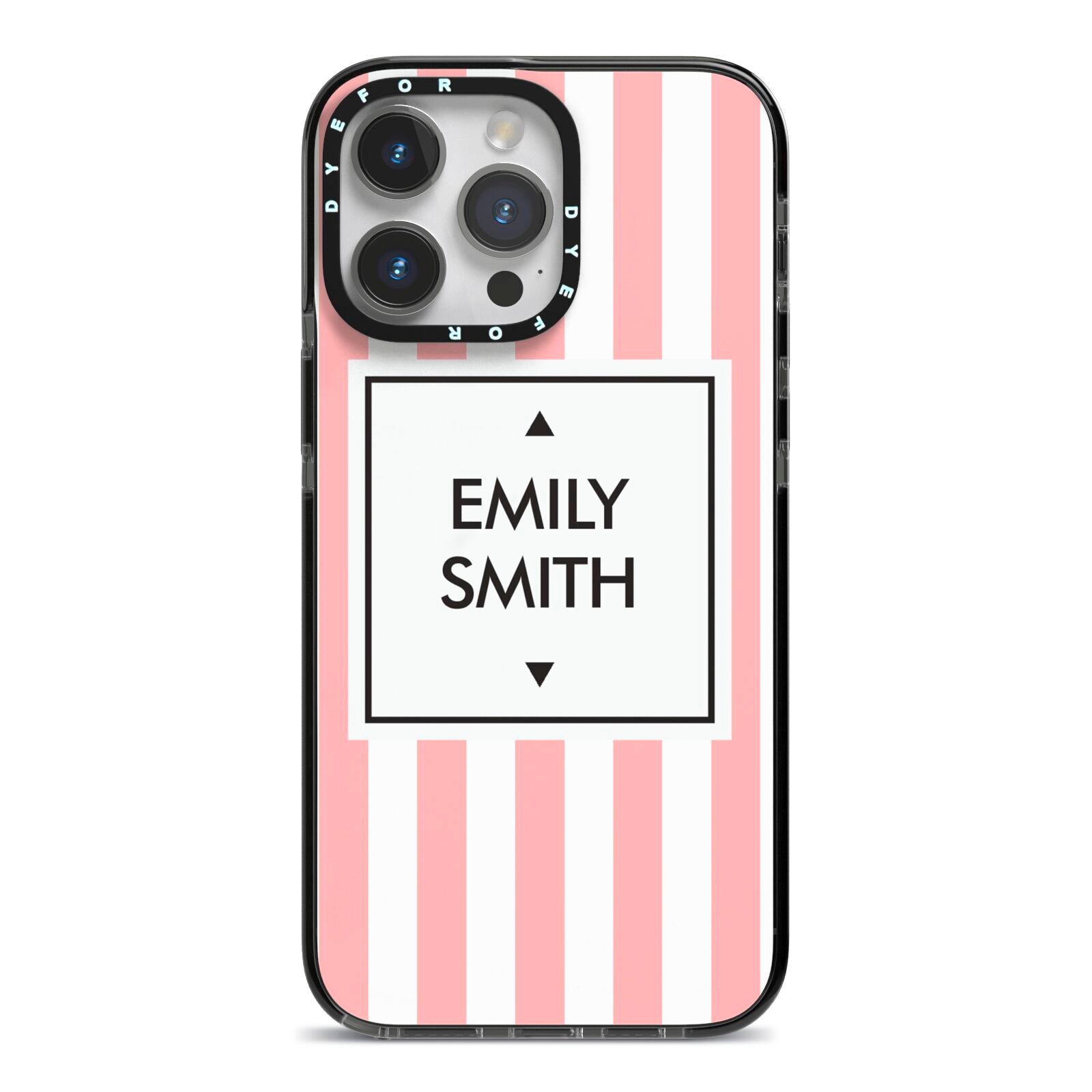 Personalised Candy Striped Name Initials iPhone 14 Pro Max Black Impact Case on Silver phone