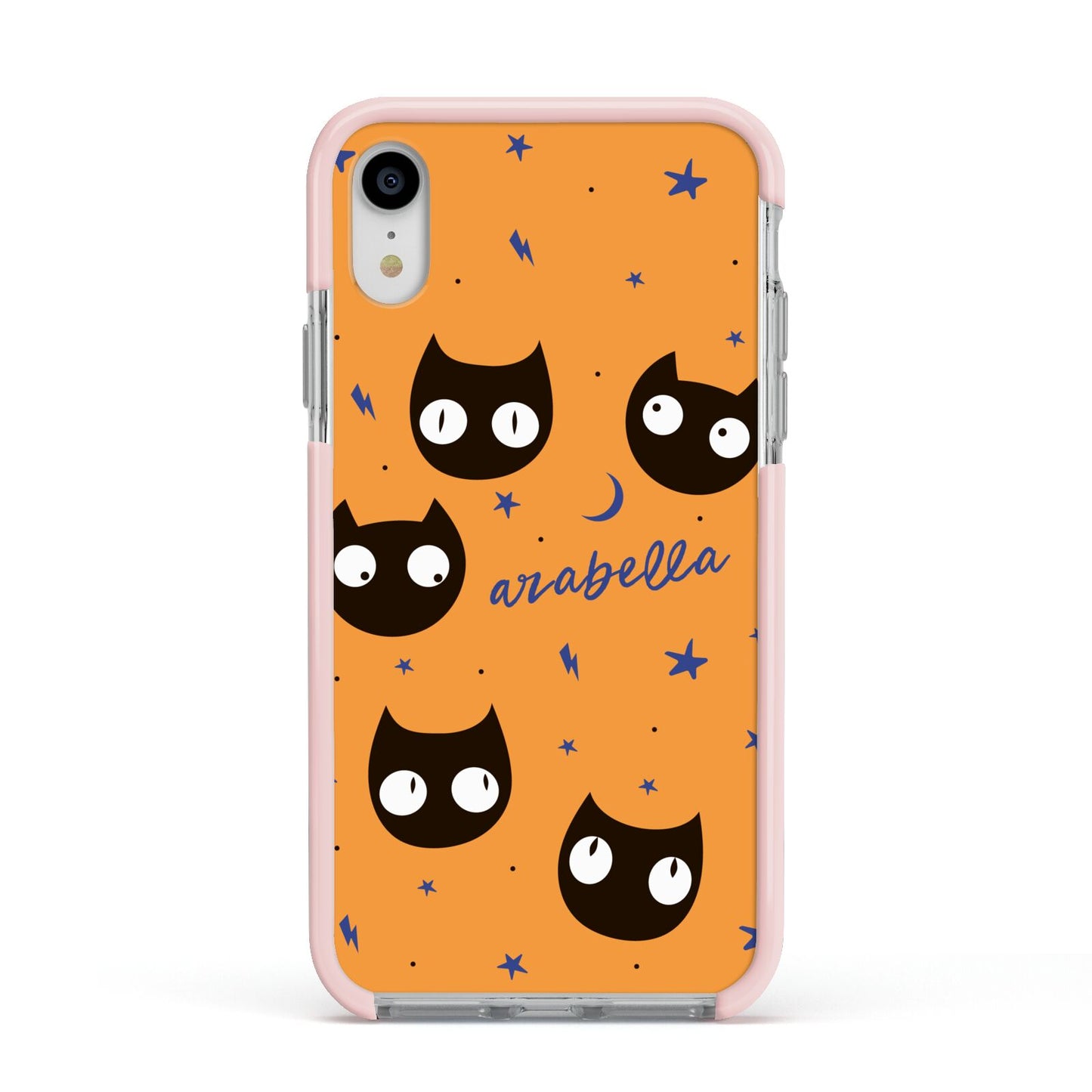 Personalised Cat Halloween Apple iPhone XR Impact Case Pink Edge on Silver Phone