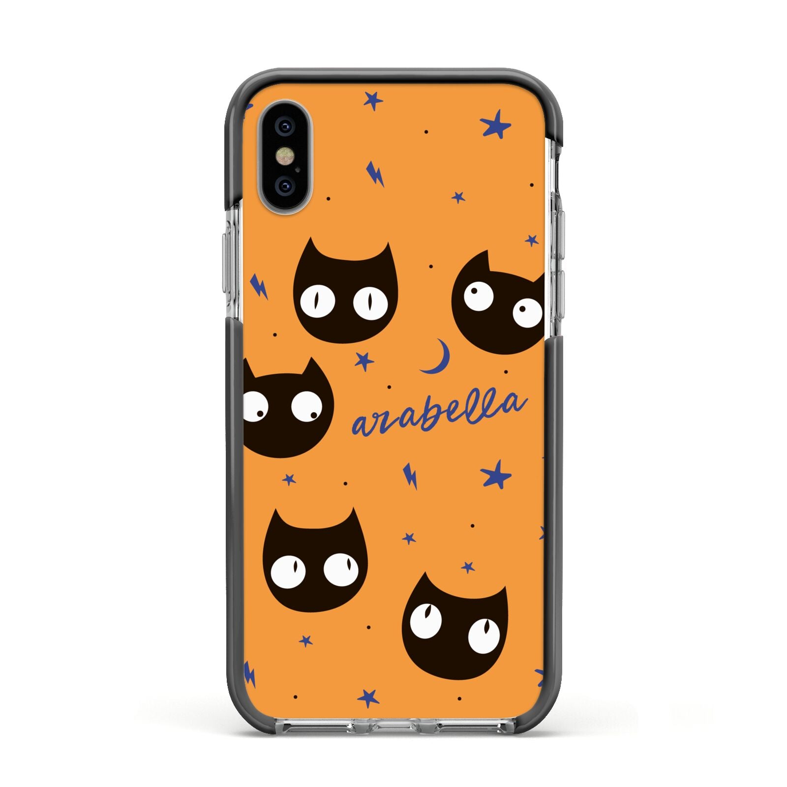 Personalised Cat Halloween Apple iPhone Xs Impact Case Black Edge on Silver Phone