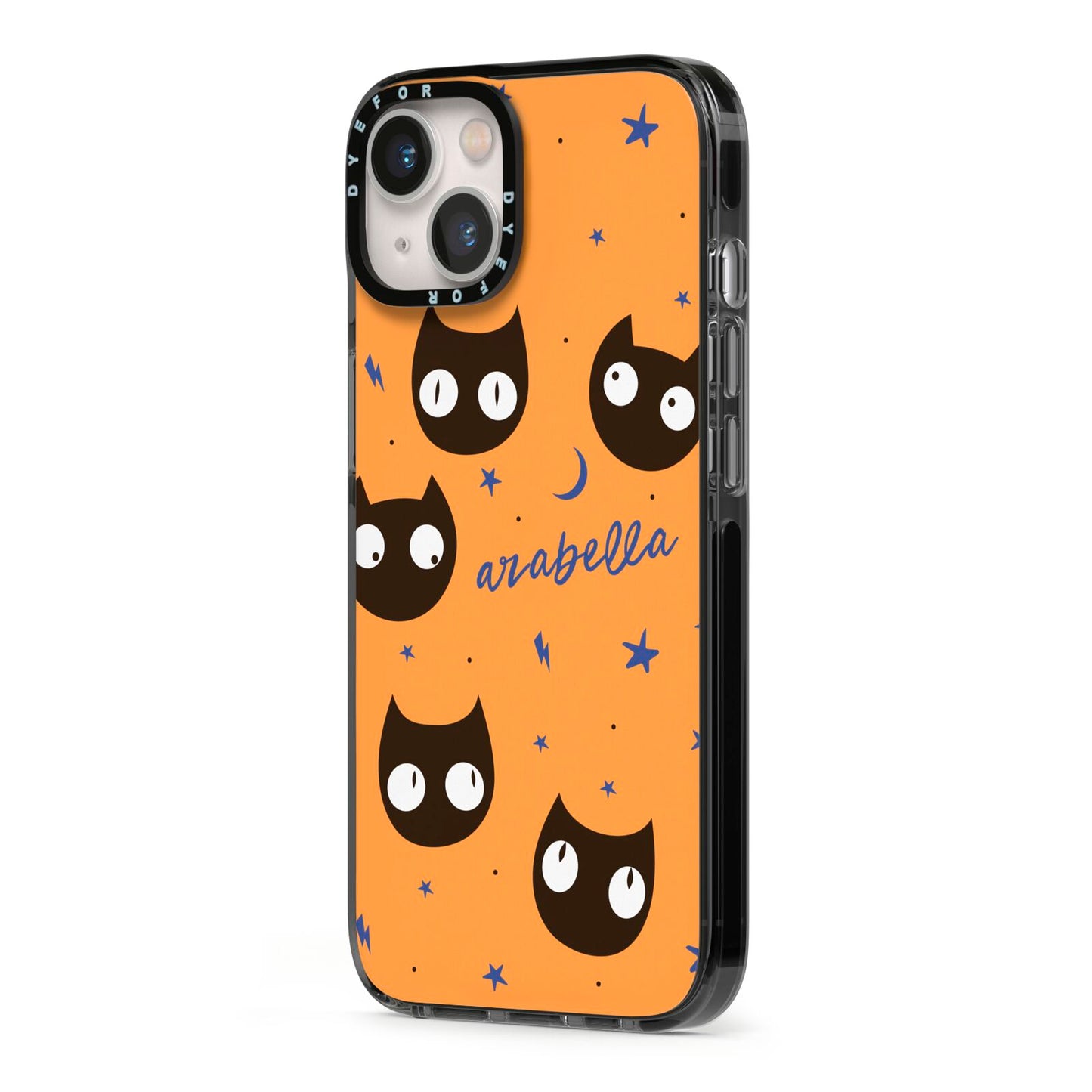Personalised Cat Halloween iPhone 13 Black Impact Case Side Angle on Silver phone