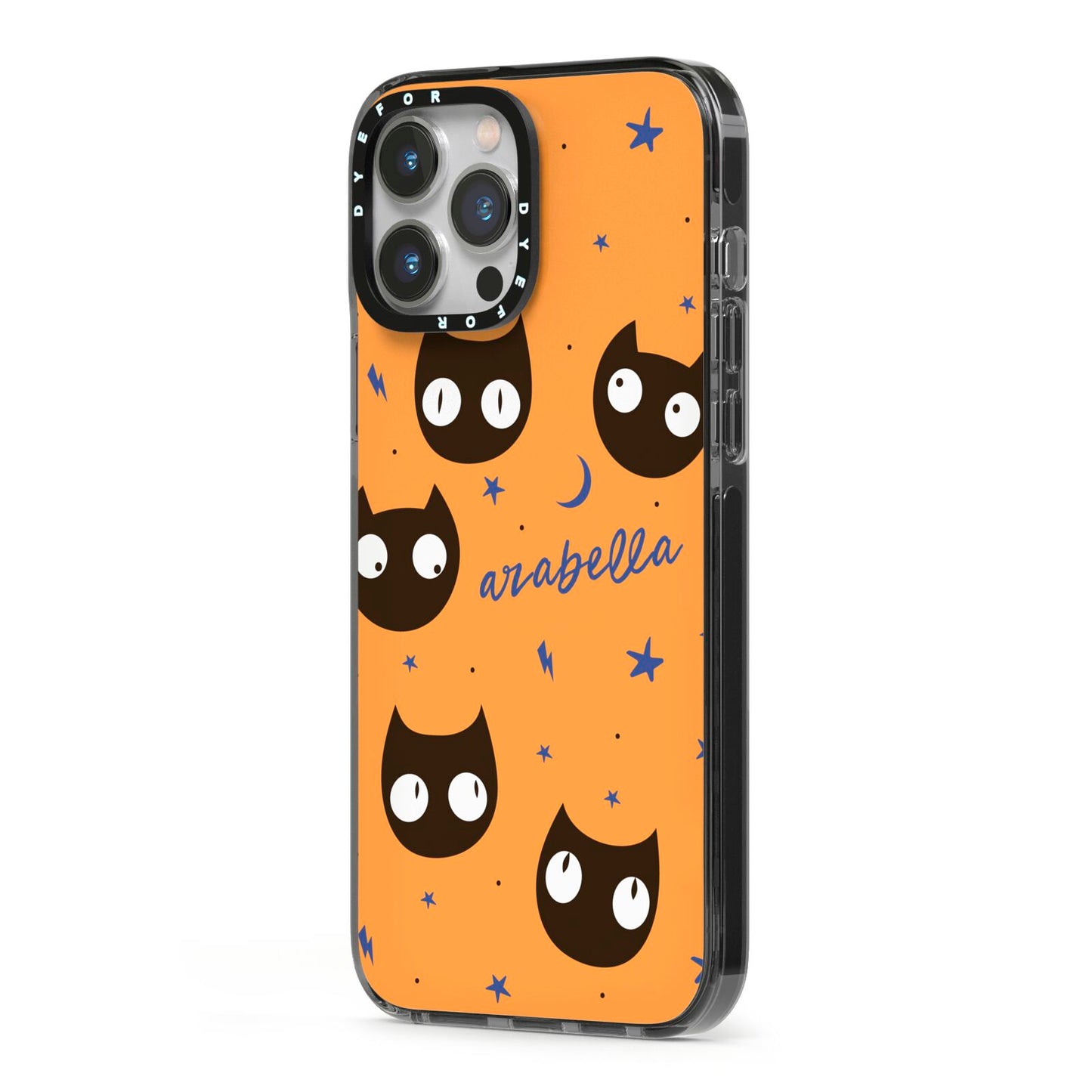Personalised Cat Halloween iPhone 13 Pro Max Black Impact Case Side Angle on Silver phone