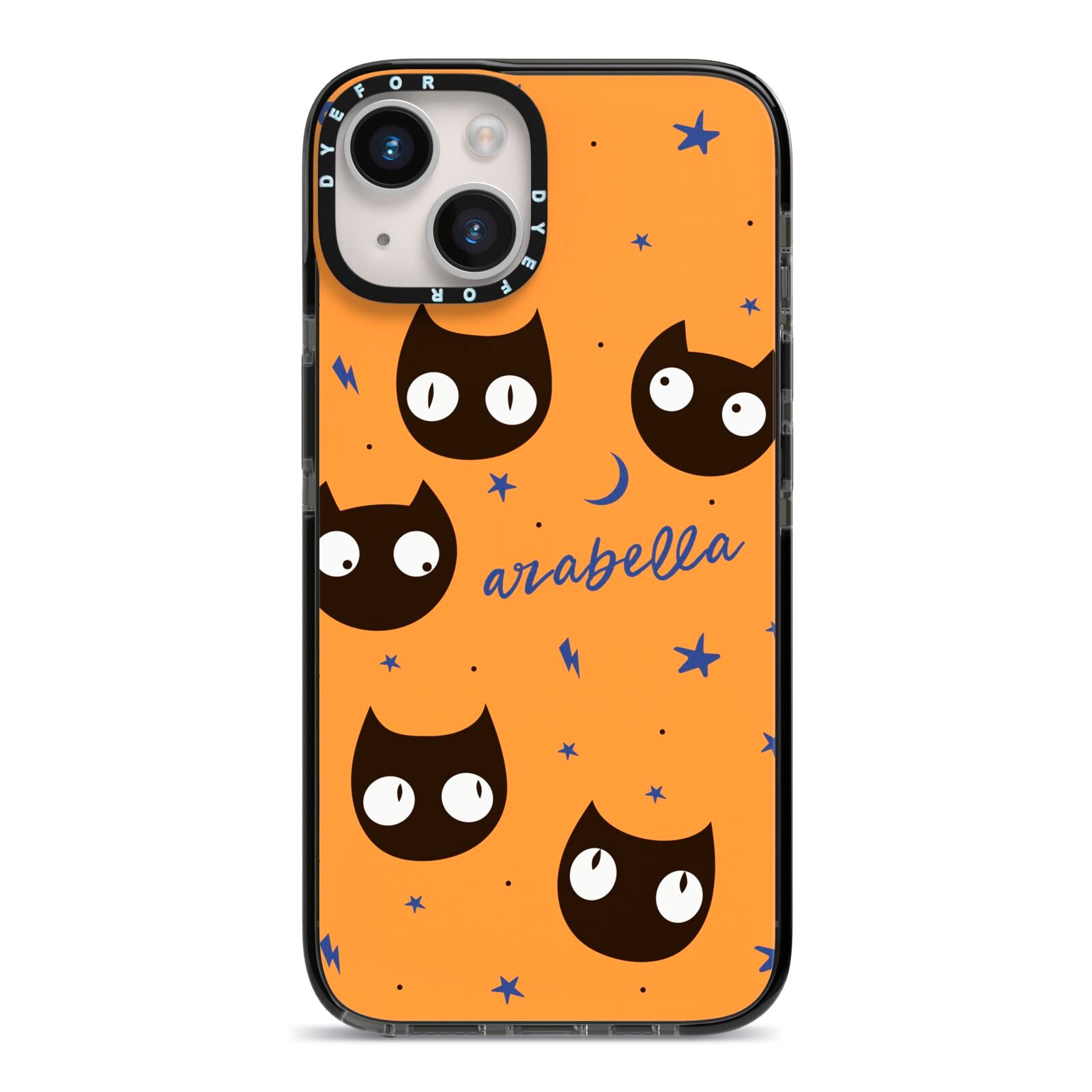 Personalised Cat Halloween iPhone 14 Black Impact Case on Silver phone