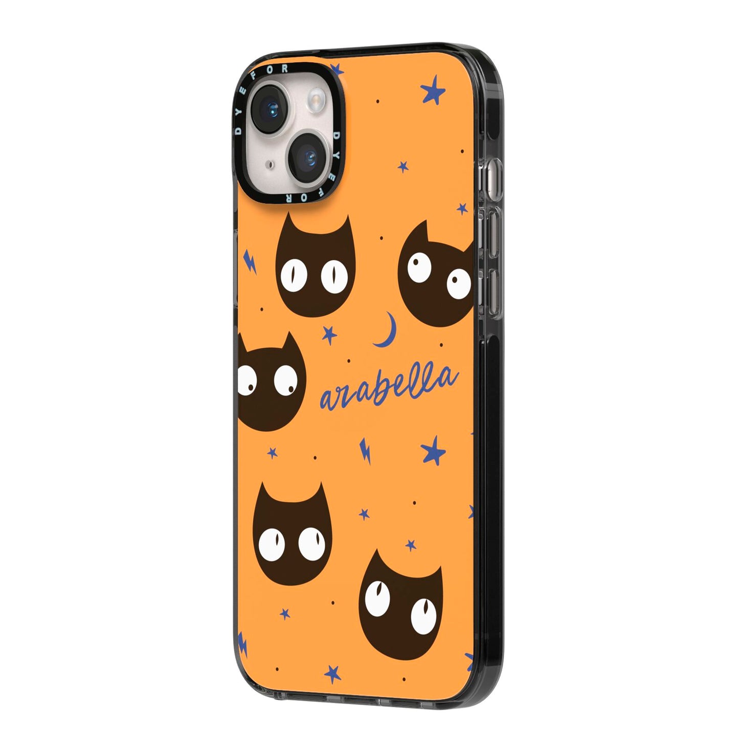 Personalised Cat Halloween iPhone 14 Plus Black Impact Case Side Angle on Silver phone
