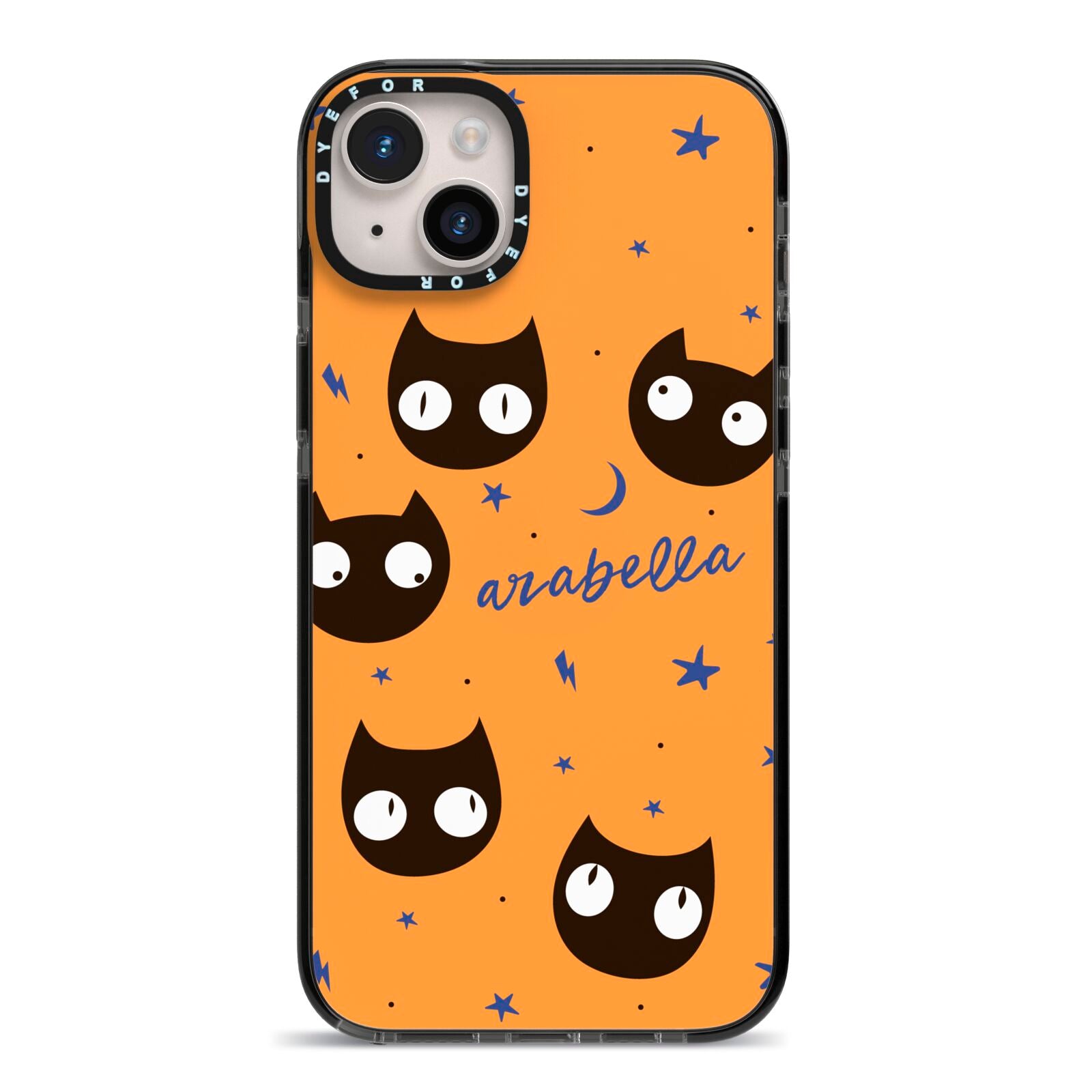 Personalised Cat Halloween iPhone 14 Plus Black Impact Case on Silver phone
