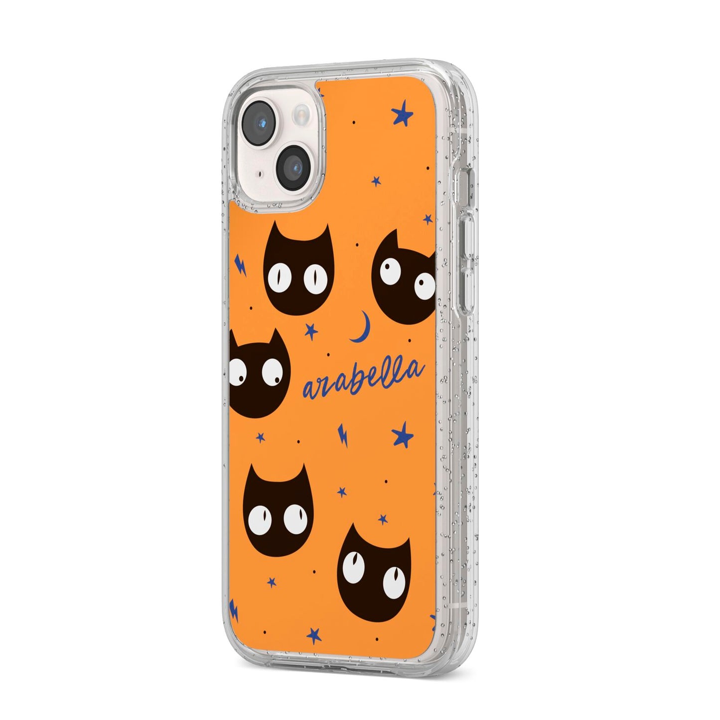 Personalised Cat Halloween iPhone 14 Plus Glitter Tough Case Starlight Angled Image