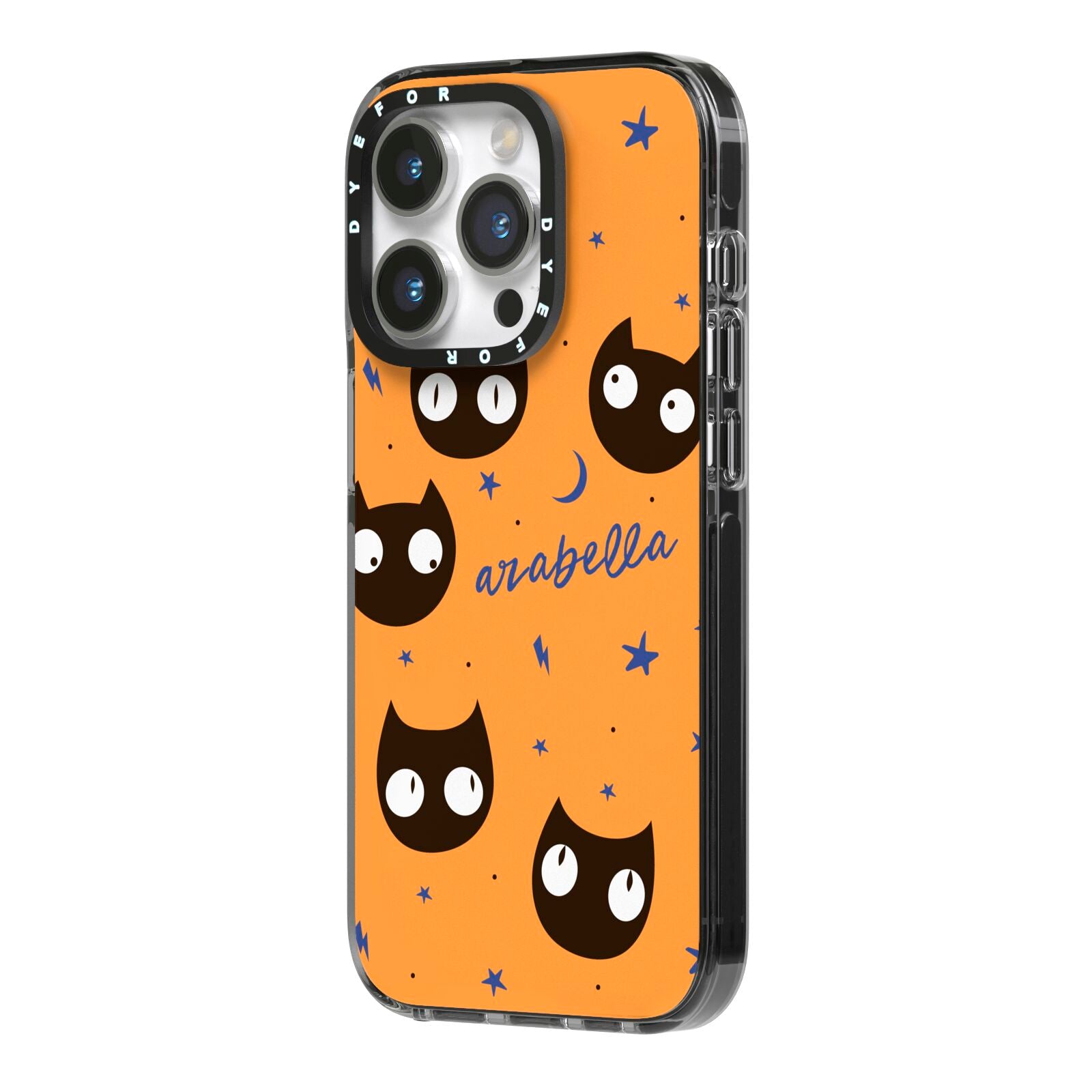Personalised Cat Halloween iPhone 14 Pro Black Impact Case Side Angle on Silver phone