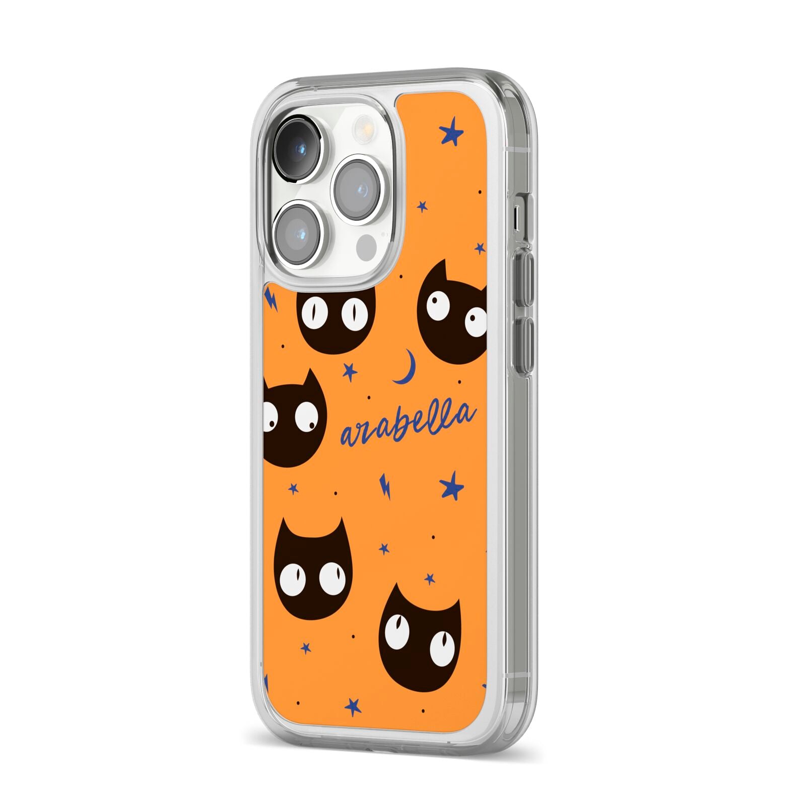 Personalised Cat Halloween iPhone 14 Pro Clear Tough Case Silver Angled Image