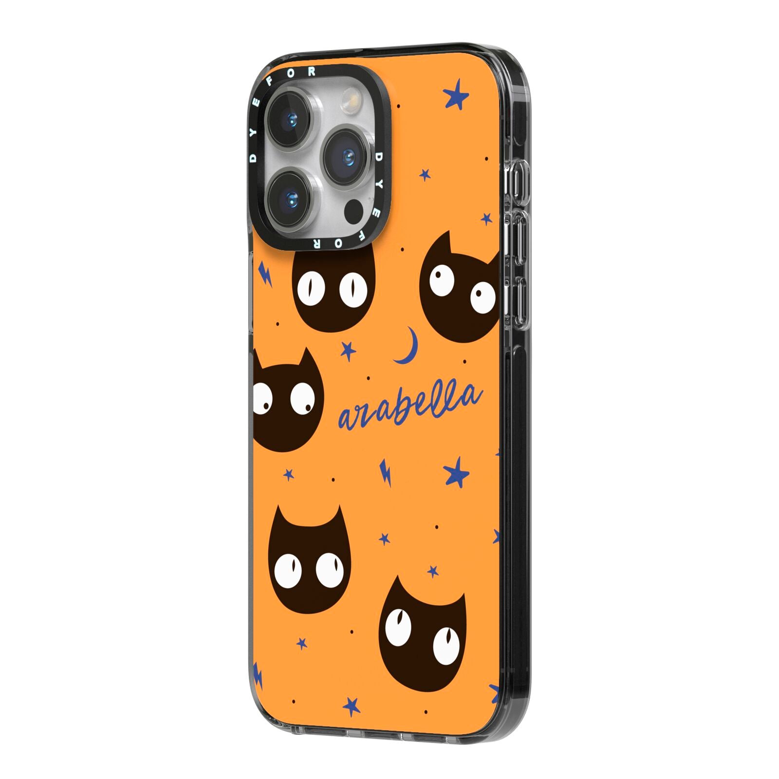 Personalised Cat Halloween iPhone 14 Pro Max Black Impact Case Side Angle on Silver phone