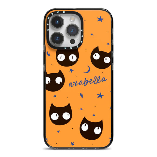 Personalised Cat Halloween iPhone 14 Pro Max Black Impact Case on Silver phone