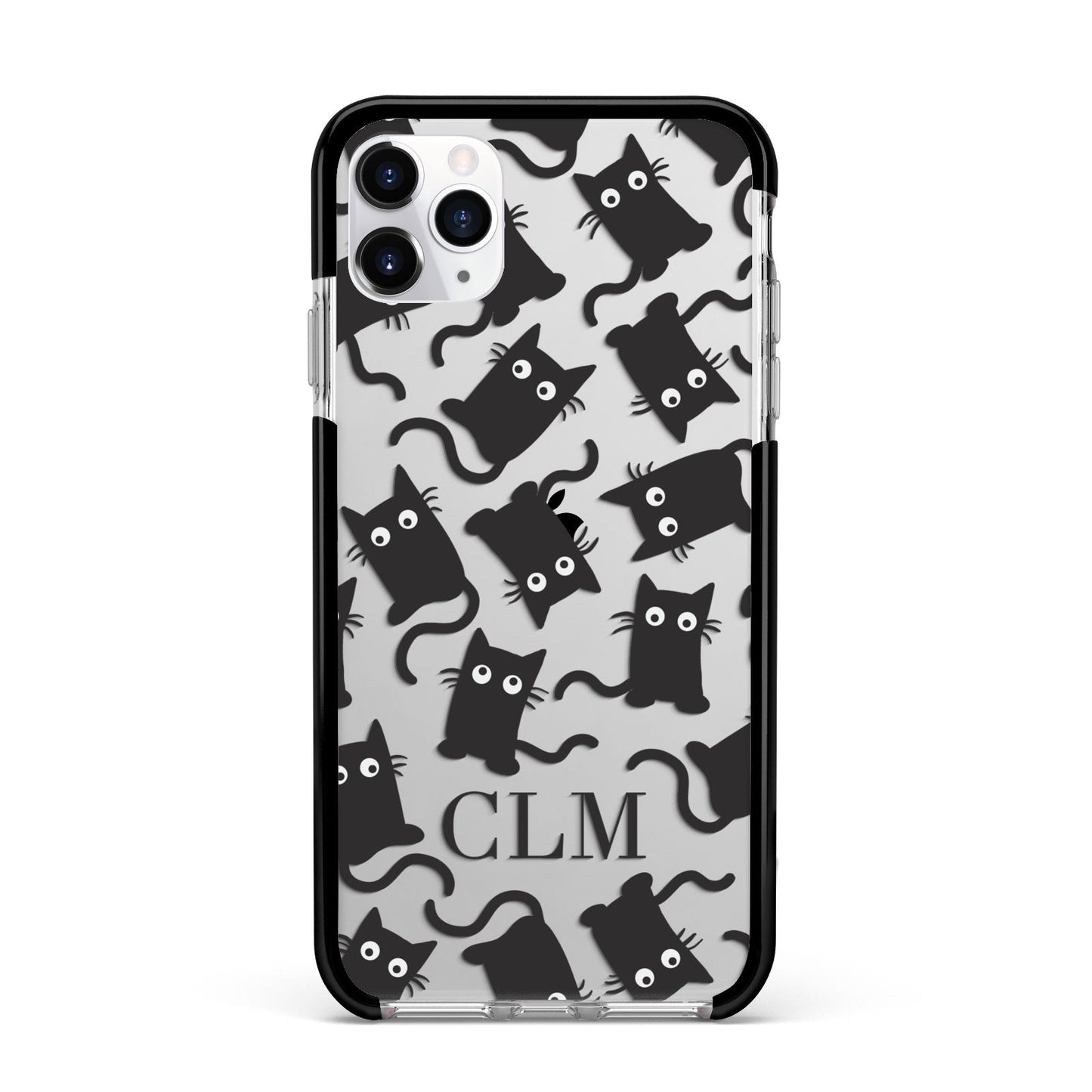 Personalised Cat Initials Clear Apple iPhone 11 Pro Max in Silver with Black Impact Case