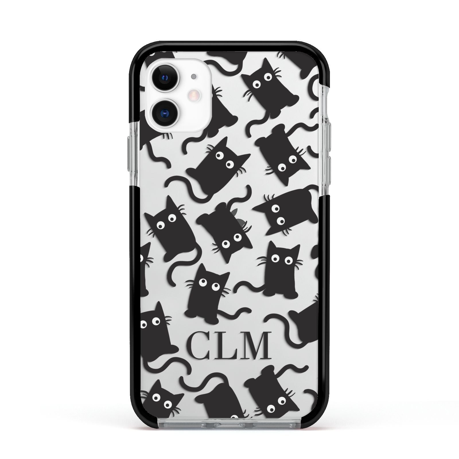 Personalised Cat Initials Clear Apple iPhone 11 in White with Black Impact Case