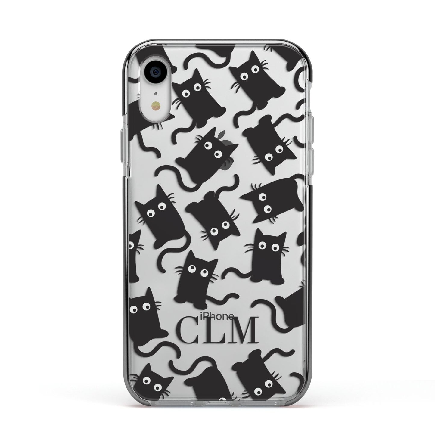 Personalised Cat Initials Clear Apple iPhone XR Impact Case Black Edge on Silver Phone