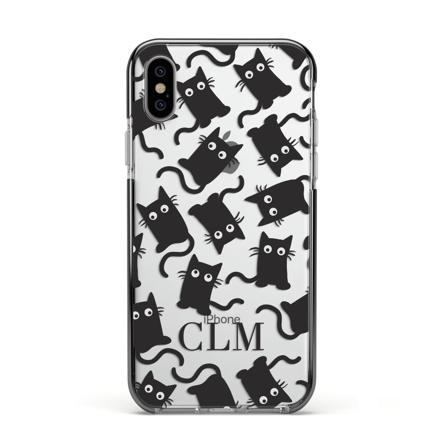 Personalised Cat Initials Clear Apple iPhone Xs Impact Case Black Edge on Silver Phone